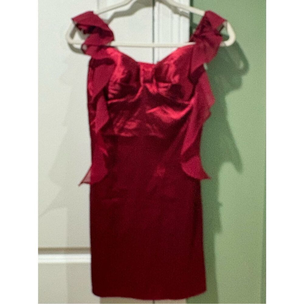 Ruffle-Shoulder Mini Dress in Deep Red